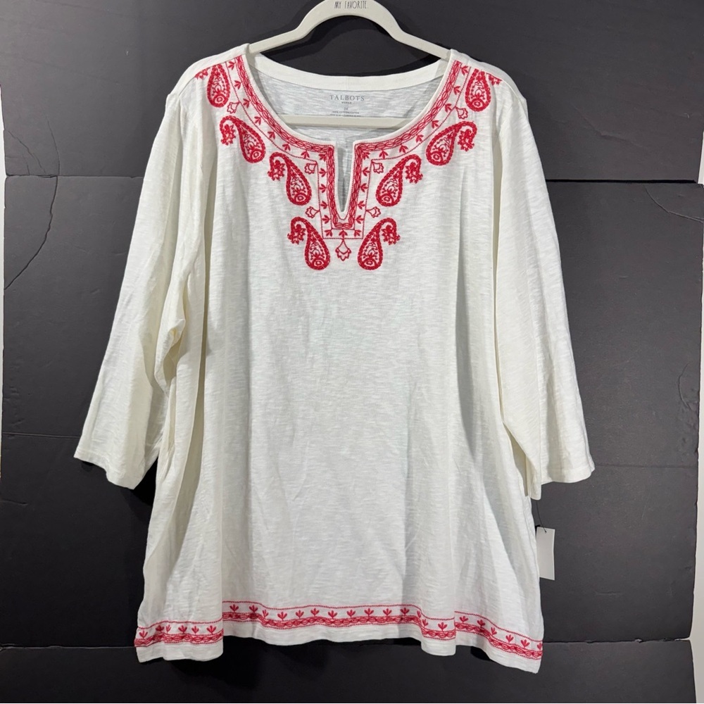 Talbots cream Cotton Boho Knit Tunic with coral paisley Embroidery NWT